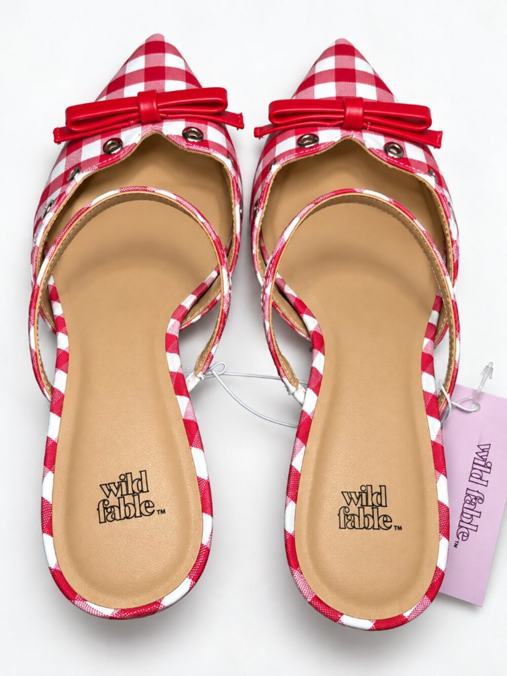 Wild Fable Red White Gingham Kitten Heel Mules Bow Pointed Toe NWT